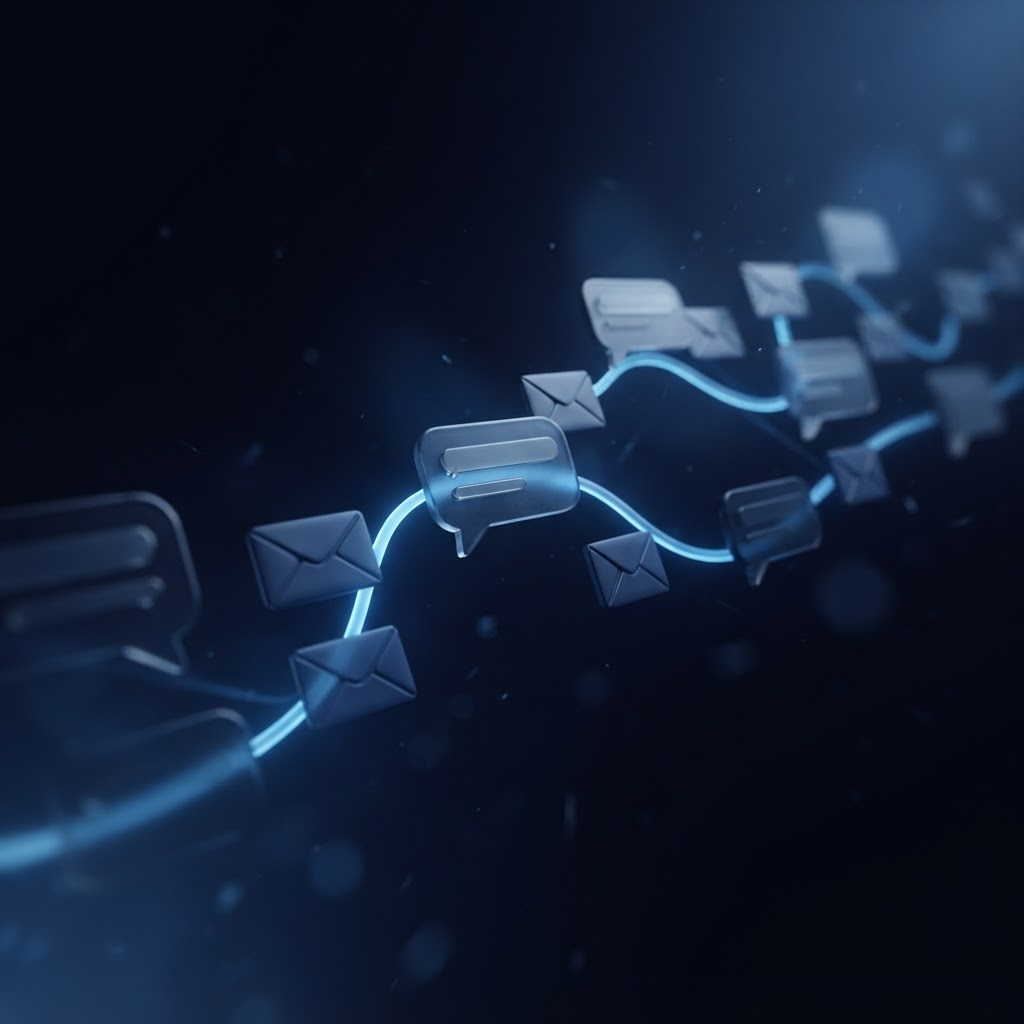 A sequence of automated follow-up messages going out across email and text on a dark screen