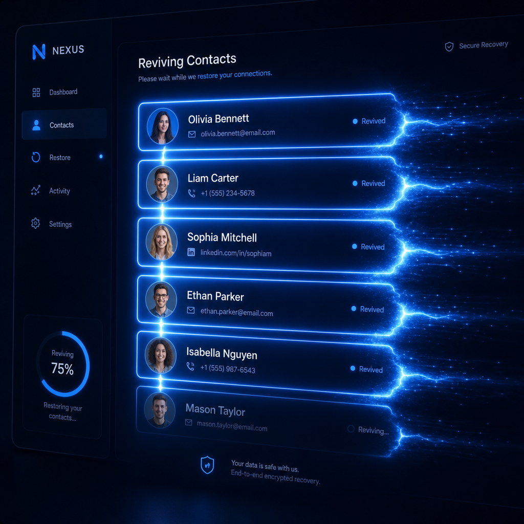 A glowing list of contacts being revived with a blue pulse on a dark dashboard