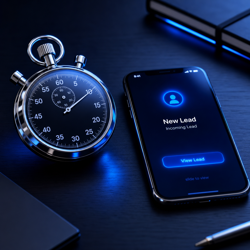 A stopwatch on a dark desk beside a glowing phone showing an incoming lead notification