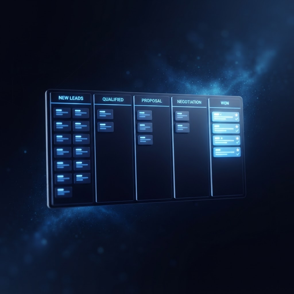 A clear sales pipeline board showing every lead organized by stage on a dark dashboard