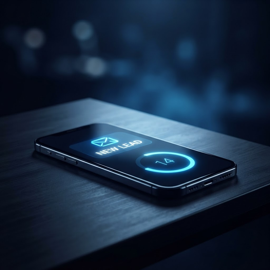 A glowing phone showing a new lead notification with a fast-reply countdown on a dark desk